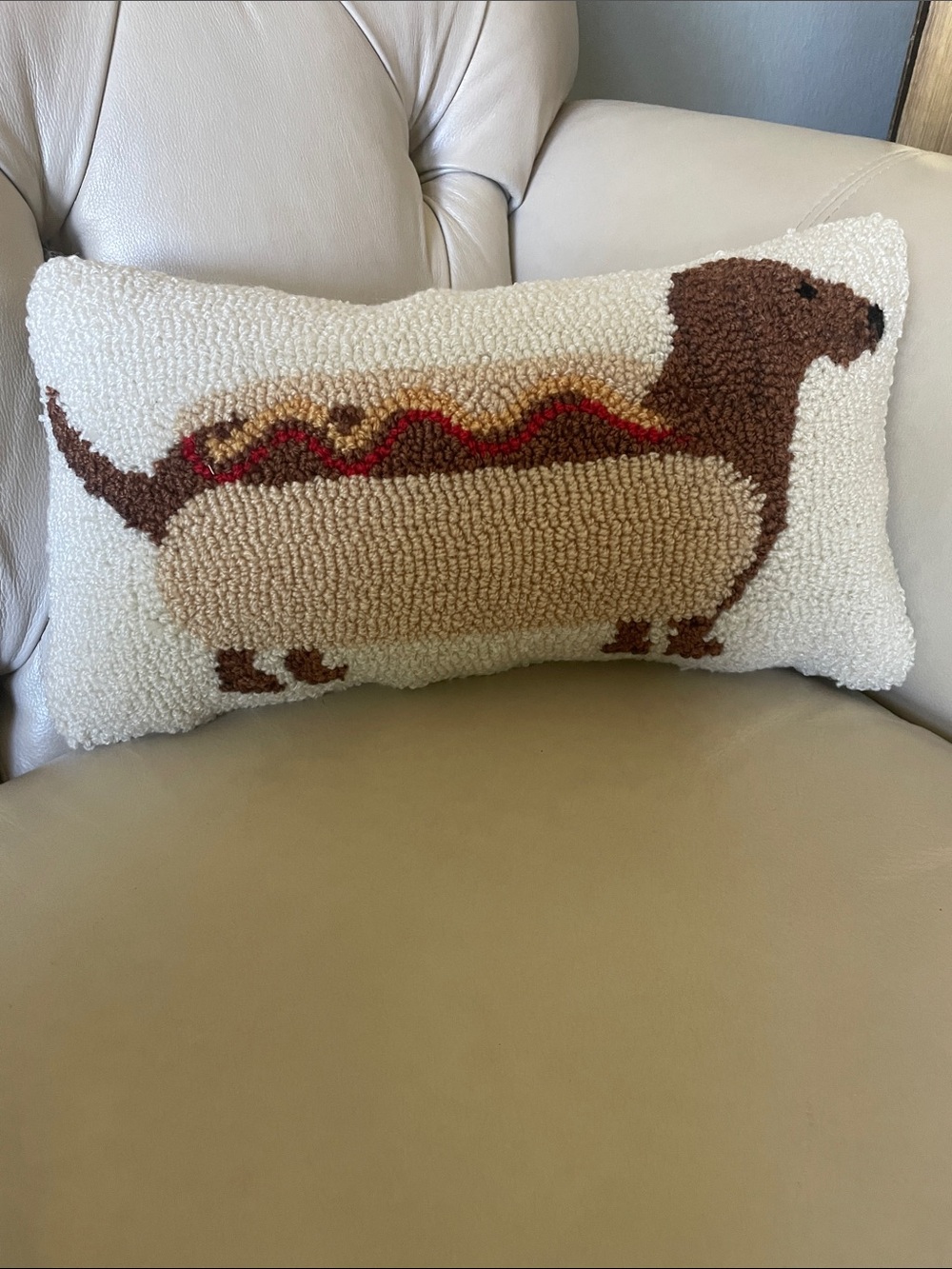 Peking Handicraft Dachshund Hot Dog Hooked Pillow - Cream & Brown